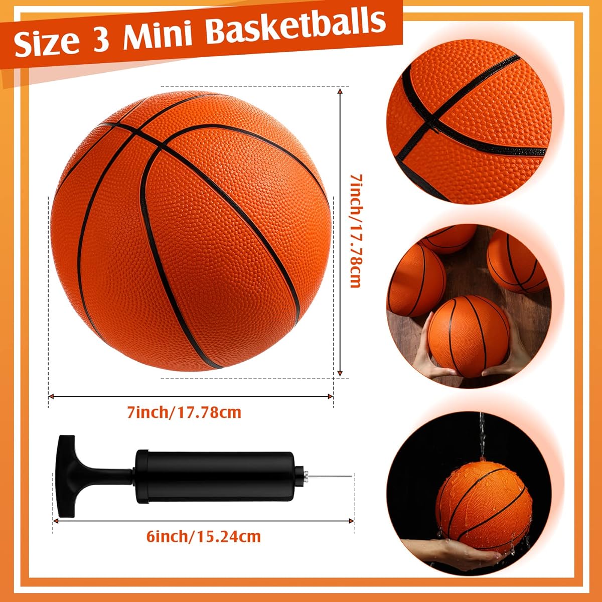 Mini Rubber Basketball Set, 8 Pack 7" Mini Hoop Basketball with Air Pump, Small Basketball, Junior Size 3 Basketball for Beginners, Arcade Game, Indoor Outdoor Pool, Party Favors