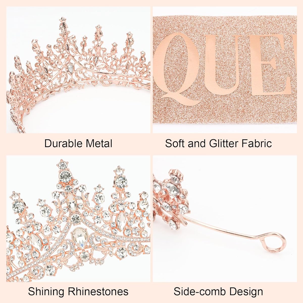 CURASA Birthday Sash and Crown for Women, Rose Gold Birthday Queen Sash, Birthday Tiara for Little Girls, Rhinestone Birthday Queen Crown for Women Kids Birthday Decoration Gift Birthday Party, Metal
