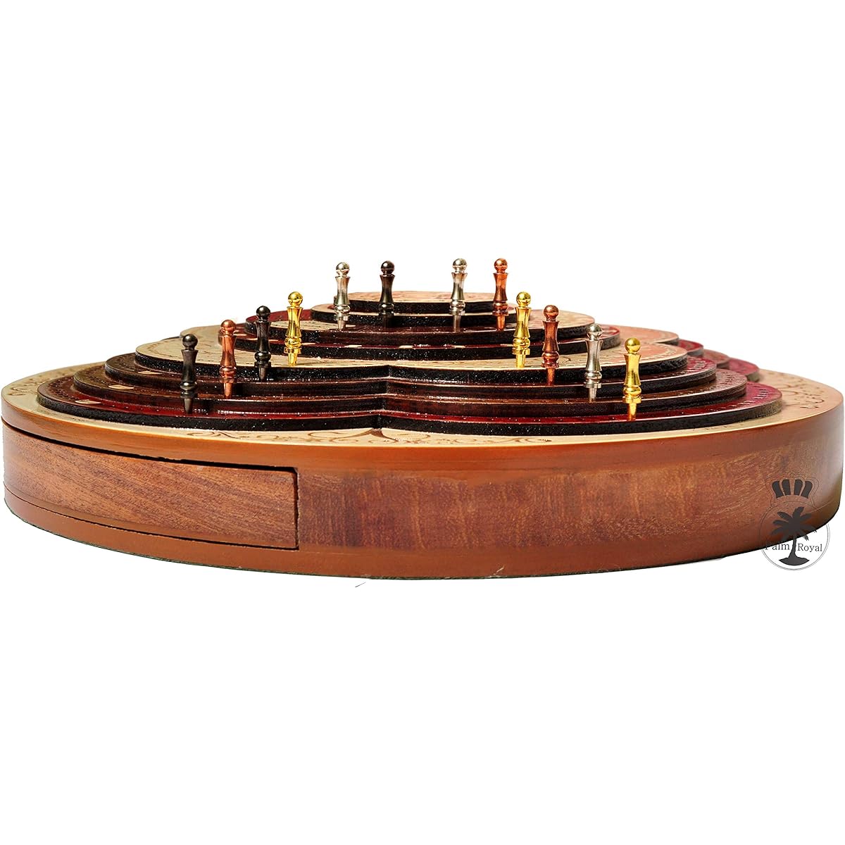 Palm Royal Handicrafts - 4 Track Cribbage Board Made of Bloodwood / Maple / Rosewood / Teak. 3D cribbage board. 4 track continuous cribbage board. 8 steps.