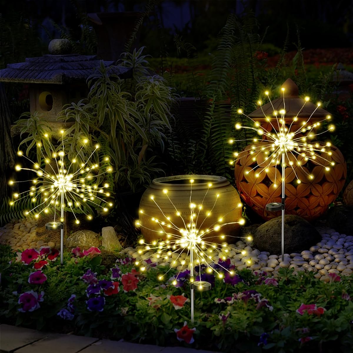 Solar Garden Light Solar Stake Light DIY Firework Light Foldable Branches IP67 Waterproof LED Outdoor Home Decoration Artificial Tree Christmas Birthday Wedding Party (Warm White)
