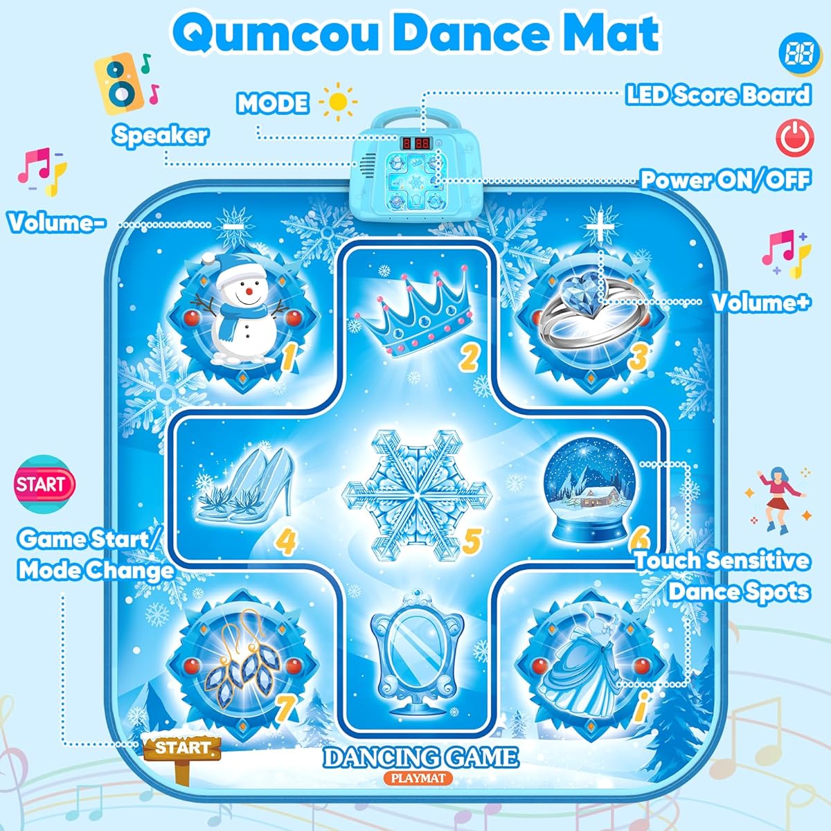 Dance Mat Toy, Birthday Gift for Girls Ages 3-12, Frozen Dance Pad for Kids, Dance Pad with LED Lights, 6 Game Modes, Built-in Music, Adjustable Volume, Christmas Birthday Gift for Boys/Girls