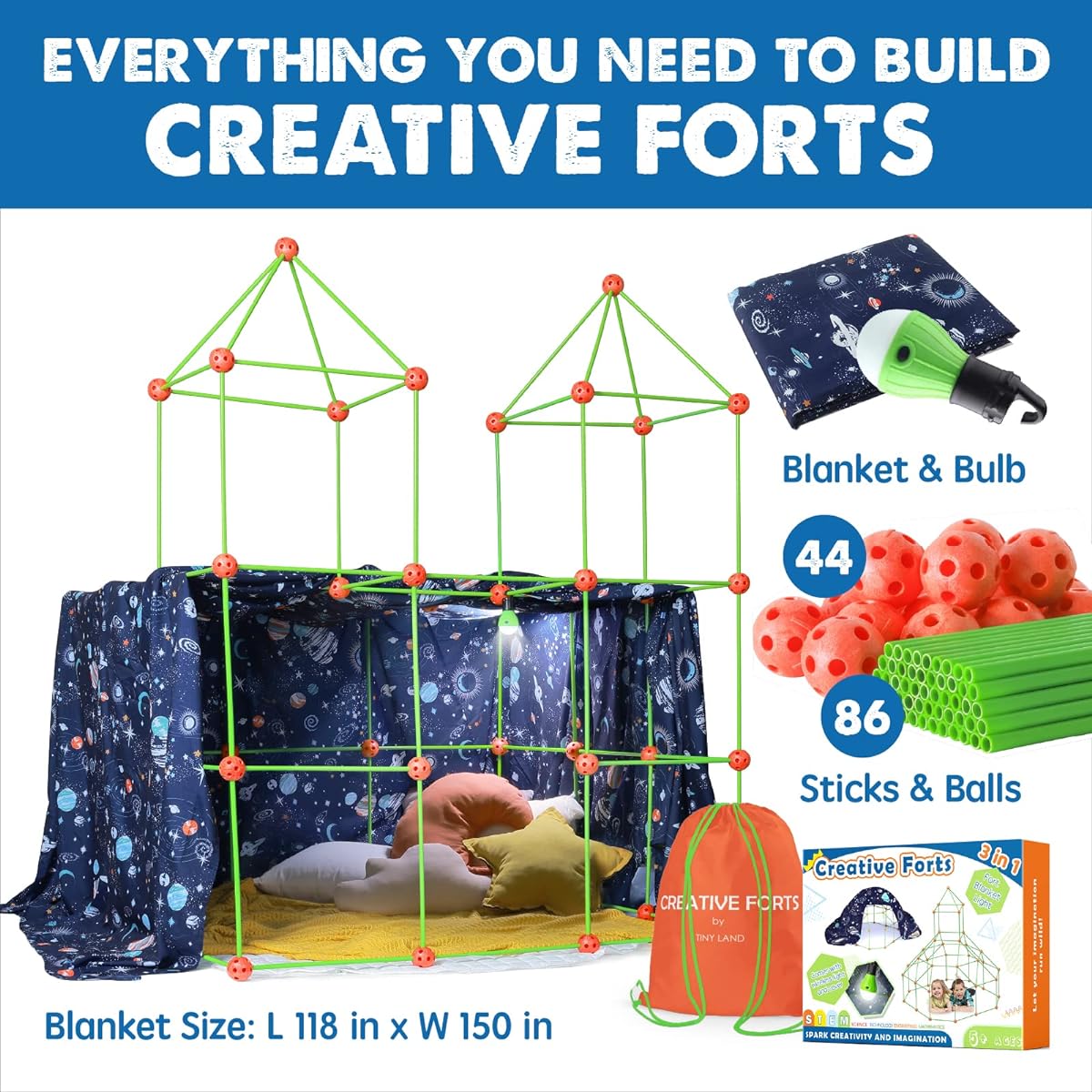 Tiny Land Kids Fort Building Kit with Blanket & Lights, Blanket Fort Toy for Ages 5 6 7 8 Boys Girls STEM Building Toys DIY Castle Tunnel Play Tent Rocket Tower Indoor & Outdoor