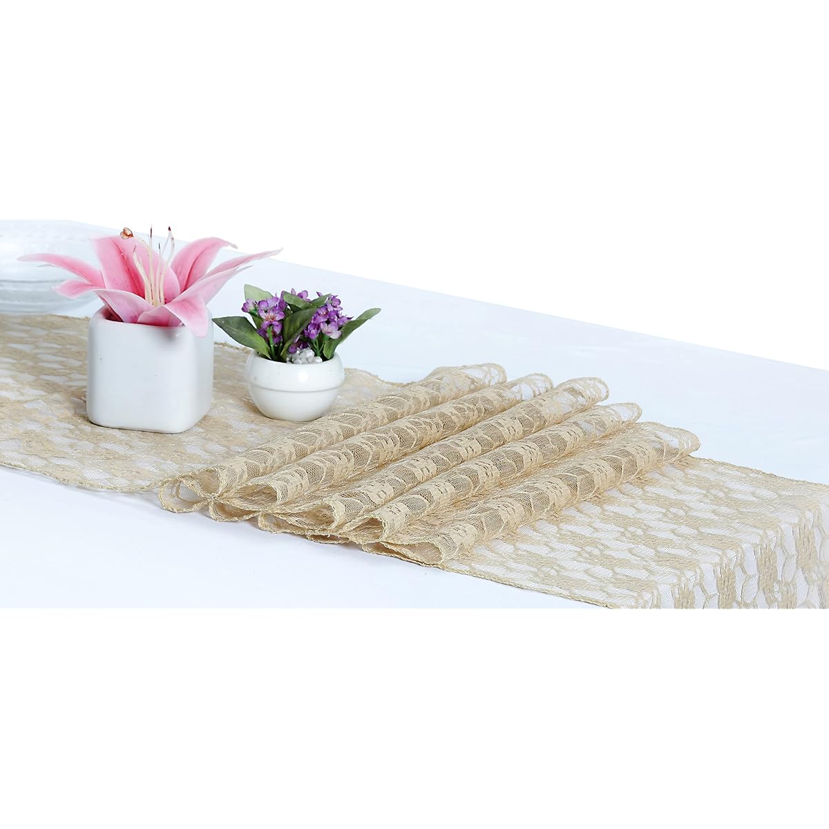 MDS 25 Pack Wedding 12 x 108 Inch Lace Table Runner Wedding Banquet Decoration Lace Table Runner 25 25_lace runner_ Champagne Gold