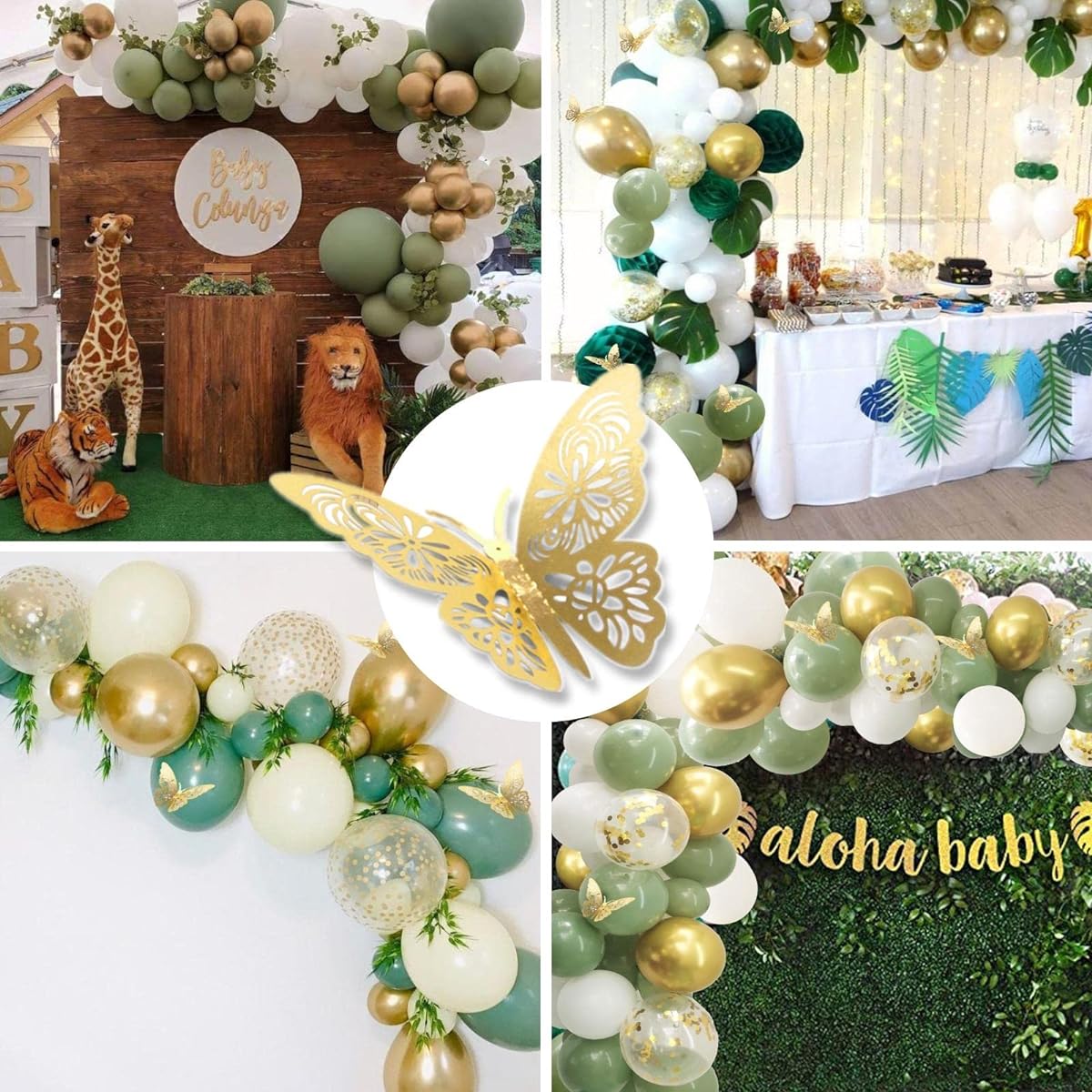 Sage Green Balloon Garland Arch Kit - 112pcs Sage Green Balloons, Colorful Butterflies, Olive Green Balloons, Green Balloon Garland Kit for Bridal Shower, Birthday, Wedding, Jungle Festival Party Backdrop (Gold Butterflies)