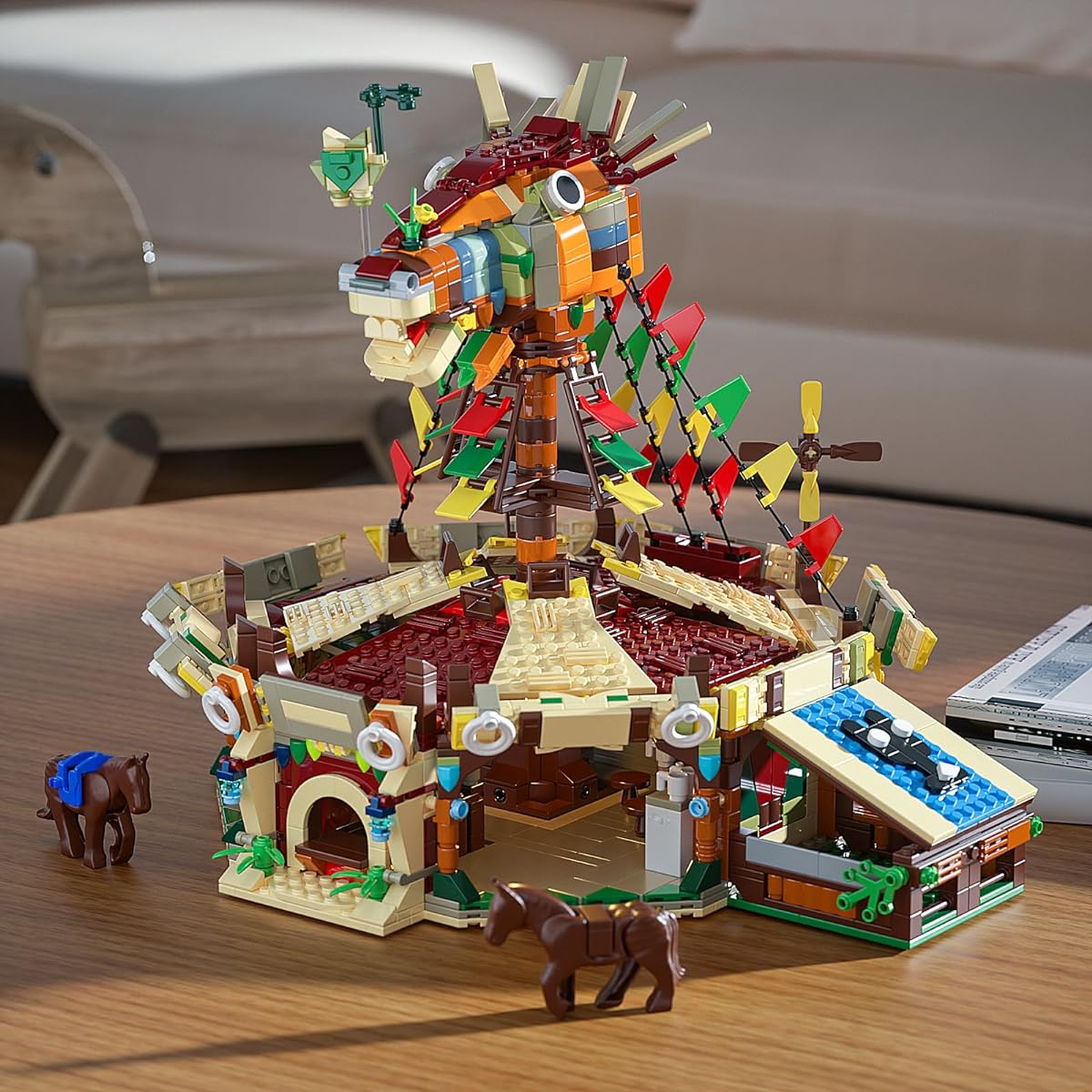 Horse Stable Building Model Kit Game Scene Hyrule Horsehead Station Yurt Tent Rooftop Building Toy Game Scene Collector Gifts Assembly Toys for Adults or Fans (1764 Pieces)