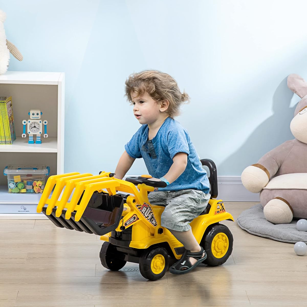 Aosom Kids Excavator Car Cart with Sound Effects Kids Digger Sit and Scoot Ride-On Toy for Toddlers or Preschoolers Under Seat Storage Tread Wheels