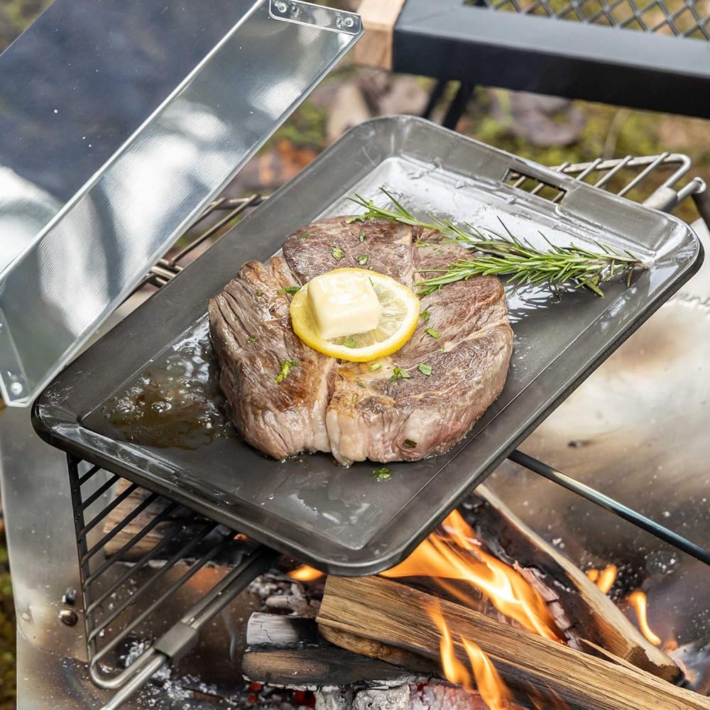 BUNDOK Extra Thick Iron Plate 6mm BD-478 Grill with Lid 26x18cm Storage Bag Camping Bonfire Black