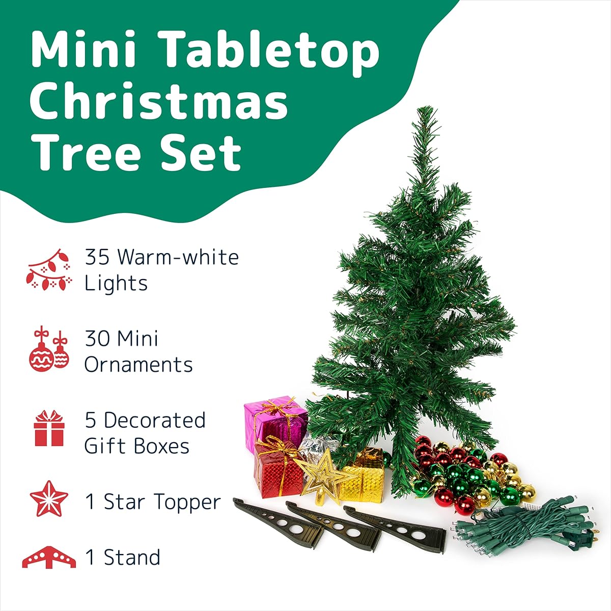 Prextex 23" DIY Tabletop Mini Christmas Tree with Warm White LED Lights, Star Tree, Decorative Gift Box and Hanging Ornaments for DIY Christmas Decorations