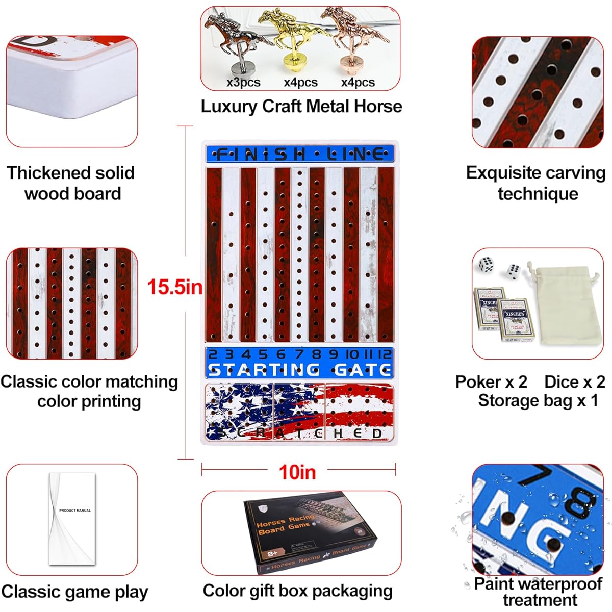 Grhonior Horse Racing Board Game with 11 Luxury Metal Horses, Thick Wooden Game Board with Dice and Cards, LINE Stars and Stripes Horse Racing Game Board