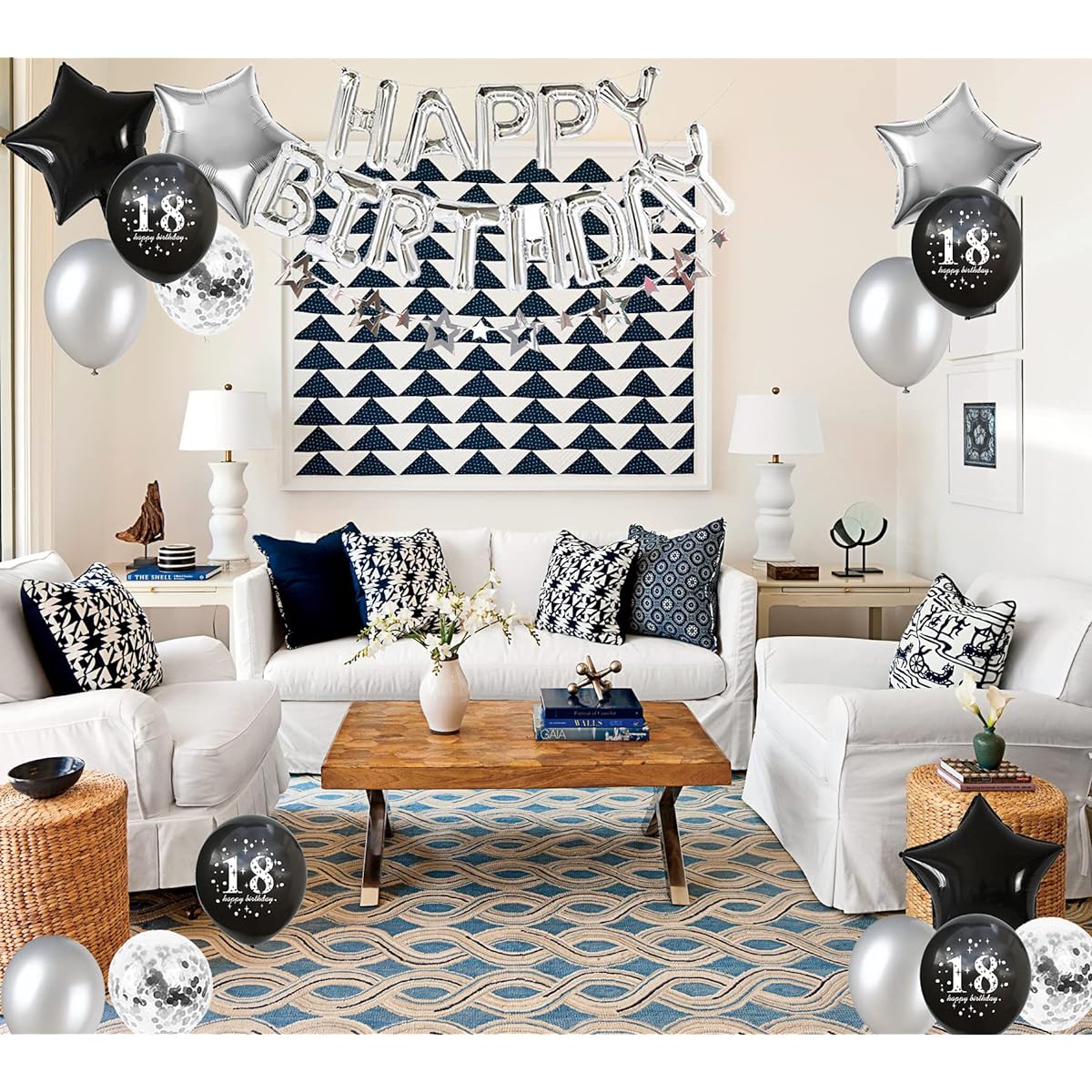 18th Birthday Decorations Boys Girls Happy Birthday Balloons Star Banner Number 18 Balloons Silver Black Star Foil Balloons 18th Birthday Confetti Balloons Boys Girls 18th Birthday Party