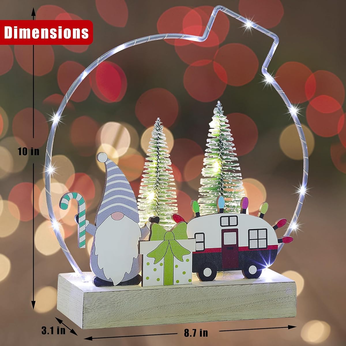 Lulu Home Christmas Tabletop Decor, Wooden Lighted Christmas Ornaments with Metal Frame, Battery Operated LED Light Up Holiday Signs for Indoor Mantle Shelf Decor (Gnome)