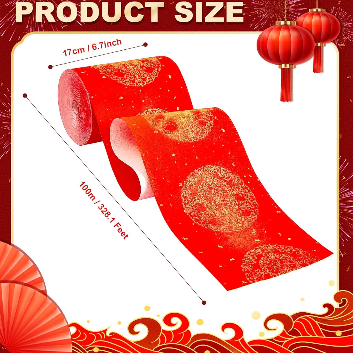 6.7" x 328.1ft New Year Scroll Red Xuan Paper Fish Thick Chinese Couplets Chunlian Paper Calligraphy Duliang Red Rice Paper Party Spring Festival Decorations Han Shen Shuang