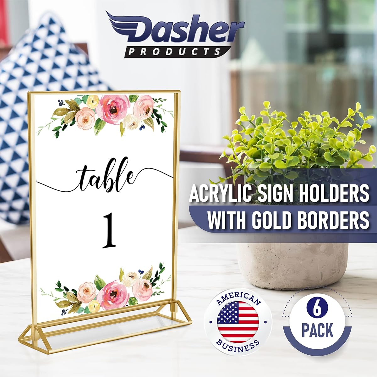 Gold Picture Frames Double Sided - 6 Pack - 4x6 Acrylic Gold Table Number Holders, Clear Easel Table Stands for Signs, Gold Frames for Wedding Table Numbers, Menu Holder, Photo Frame