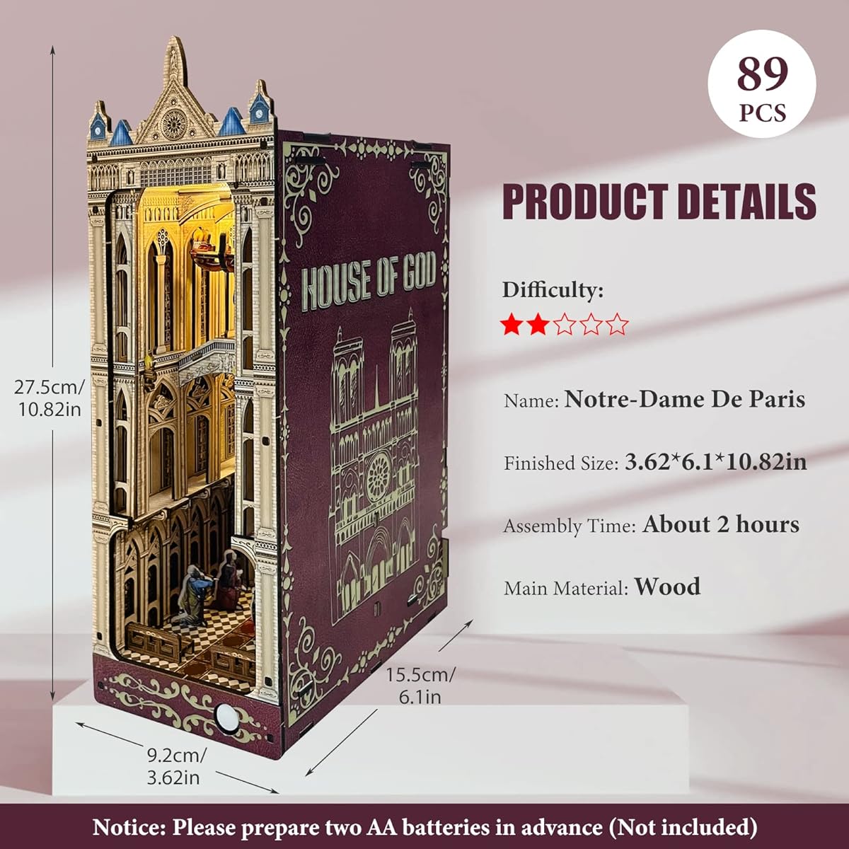 WHITE TIGER DIY Book Nook Kit 3D Wooden Puzzle Bookend Decoration DIY Miniature Dollhouse Kit Decorative Bookshelf with LED Light for Adults & Teens (Notre Dame de Paris)