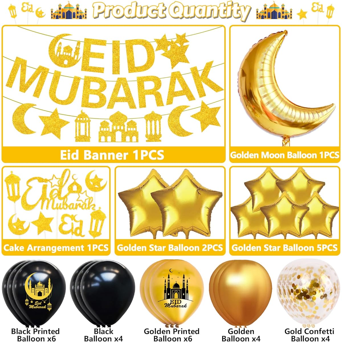 Eid Decorations Home Eid Mubarak Balloons Glitter Eid Mubarak Banner 8pcs Aluminum Foil Balloons Eid Cake Topper for Party Decoration