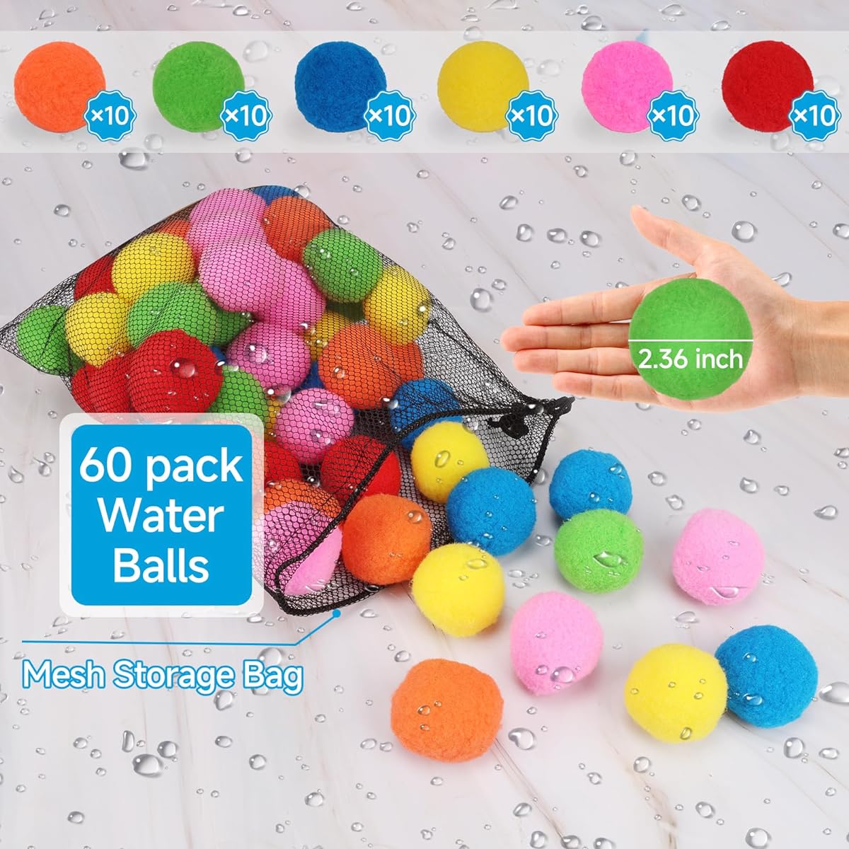 Water Soaker Balls, 60pcs Reusable Water Balloons Reusable Cotton Splash Toys for Pool Beach Outdoor Summer Fun Activities Yard Games
