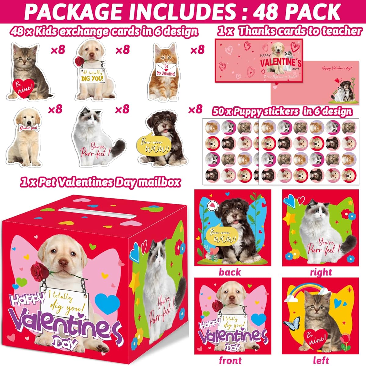 48 Pack Pet Valentine Cards for Kids with DIY Box Dog Cat Valentines Day Card Set for School Classroom Girls Boys Valentines Day Gift Exchange Game Party Favors (1 Mailbox, 49 Cards, 50 Stickers)