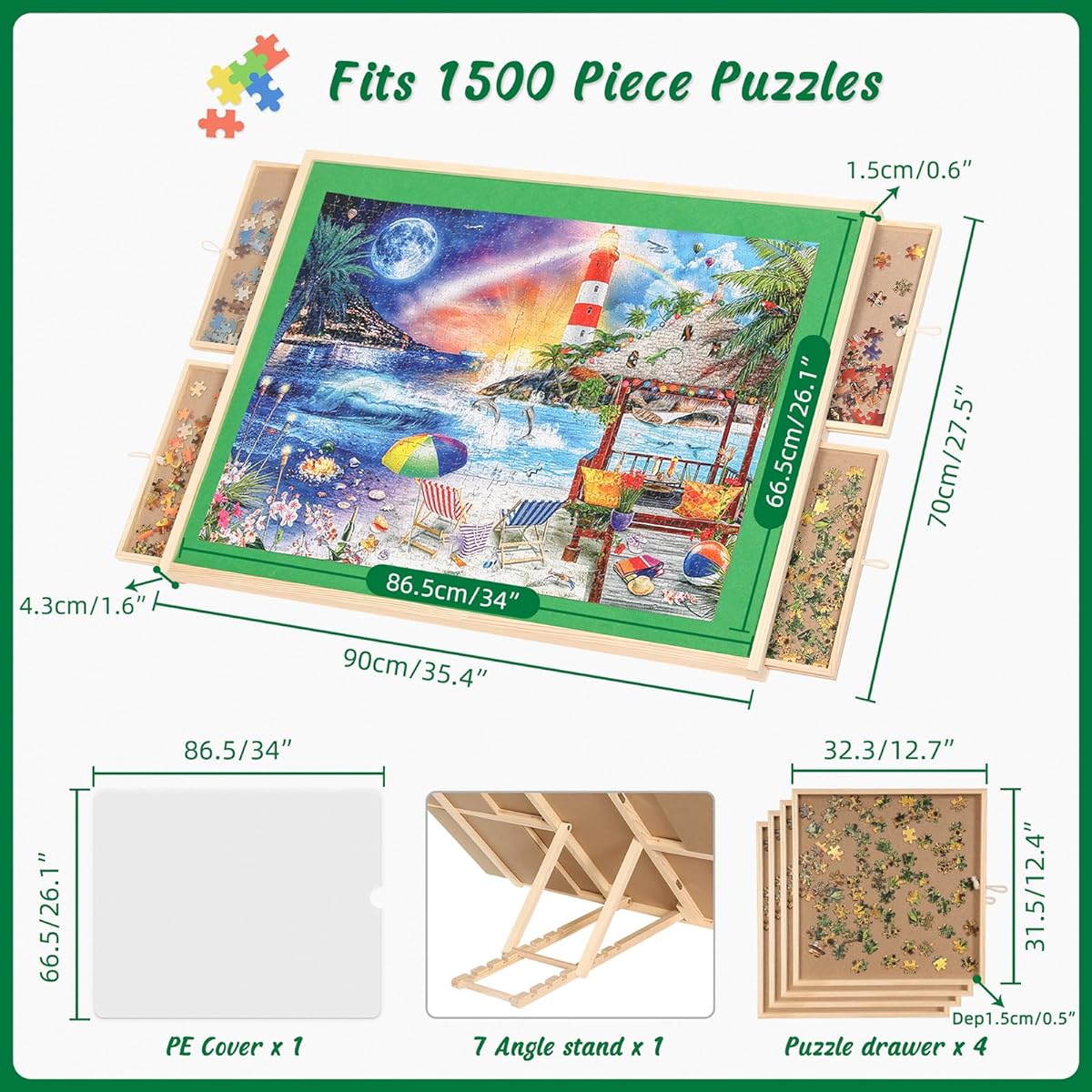 Jigsaw Puzzle Board 1500 Pieces with 7 Angles and Cover 34x26 Inch Portable Tilt Puzzle Table for Adults Adjustable Puzzle Table with 4 Drawers Puzzle Easel Board - Felt Surface