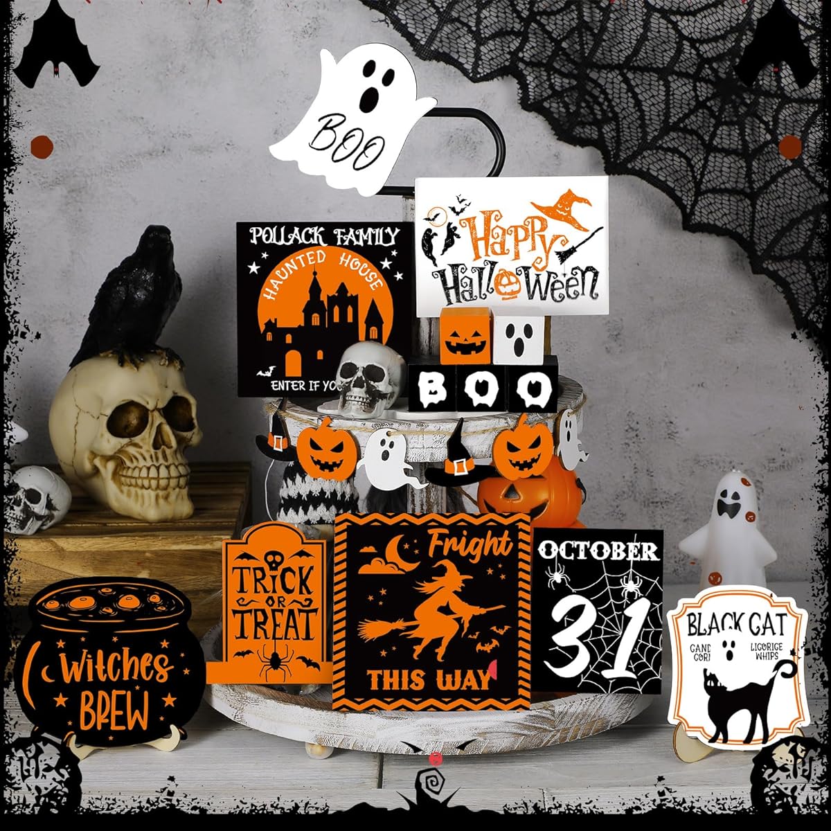 Tradder 19 Pieces Fall Tiered Tray Decoration Tiered Tray Decor Set Rustic Table Halloween Decor Tray Wooden Ghost Fall Pumpkin Tiered Tray for Farmhouse Home Kitchen Fall Halloween