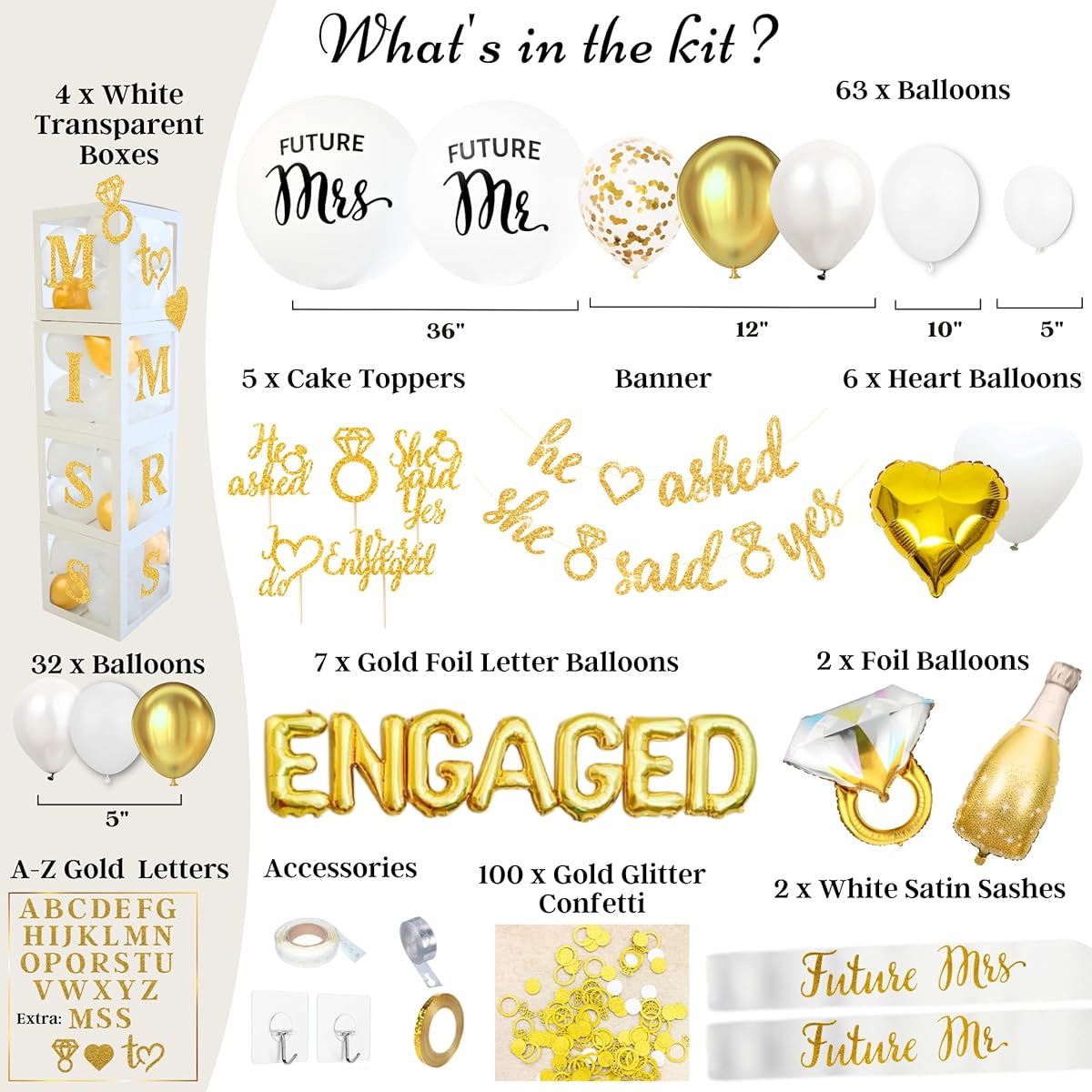 248 Pieces Premium Engagement Party Decorations Gold and White Bridal Decor, Includes He Asked She Said Yes Banner, Engagement Letter Balloons, Future Mrs and Mr Balloons & Sash Ring Balloons in Box and More