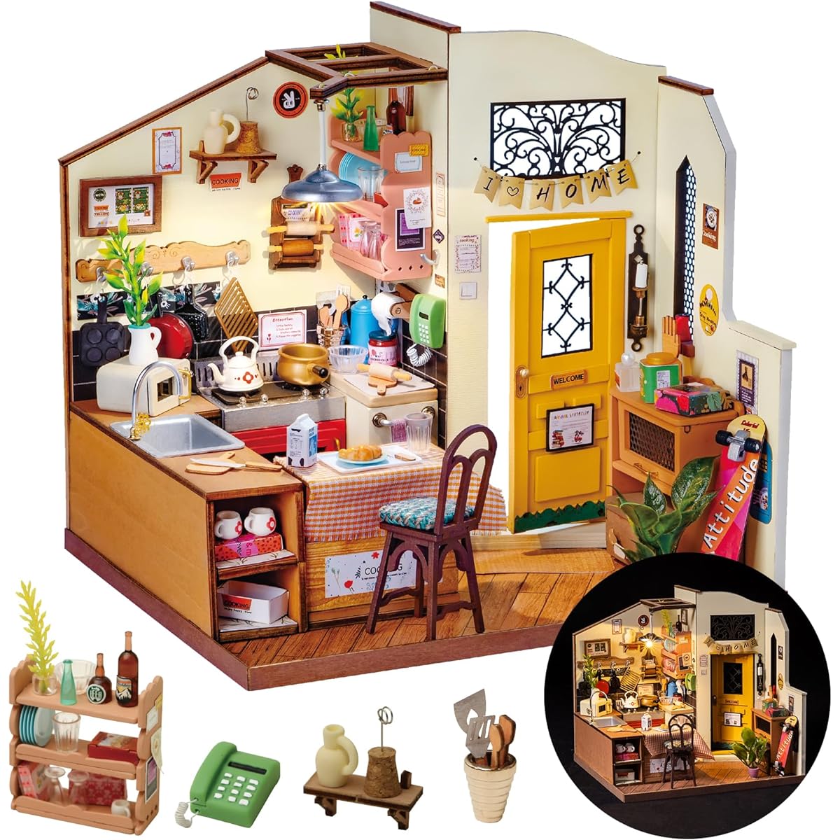 Rolife DIY Miniature House Kit Home Kitchen Mini House Making Kit Model House for Adults Miniature Room Kit with Lights DIY Craft/Gift/Home Decor for Family and Friends (Home Kitchen)