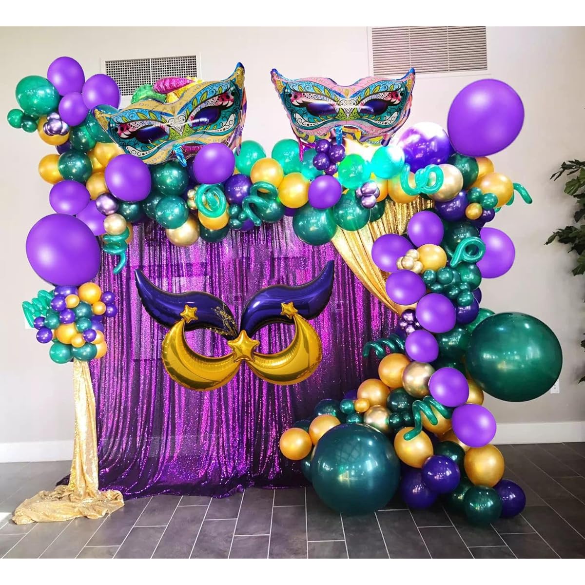 Mardi Gras Balloon Garland Kit - 152pcs Purple Green Gold Balloons, Mask Sign and Foil Balloons for Mardi Gras Masquerade Ball and New Orleans Party