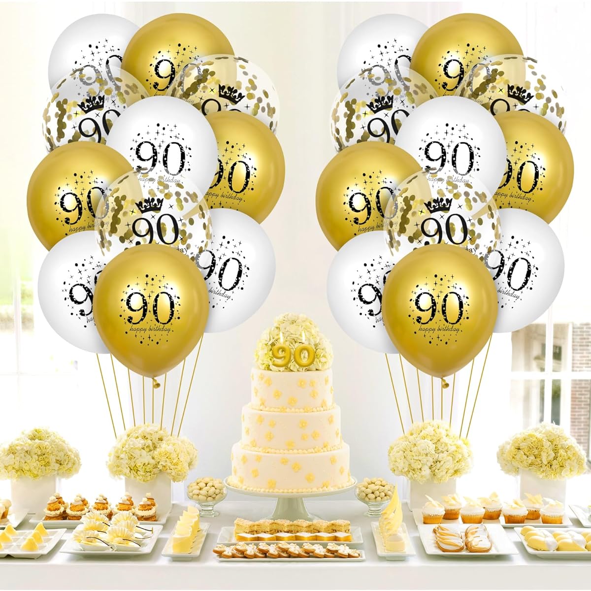 15 Pieces 90th Birthday Balloons White Gold Happy 90th Birthday Balloons Confetti Balloons for Men and Women 90th Anniversary Birthday Party Decorations White Gold Latex Balloons Birthday Decoration Supplies 12 Inch