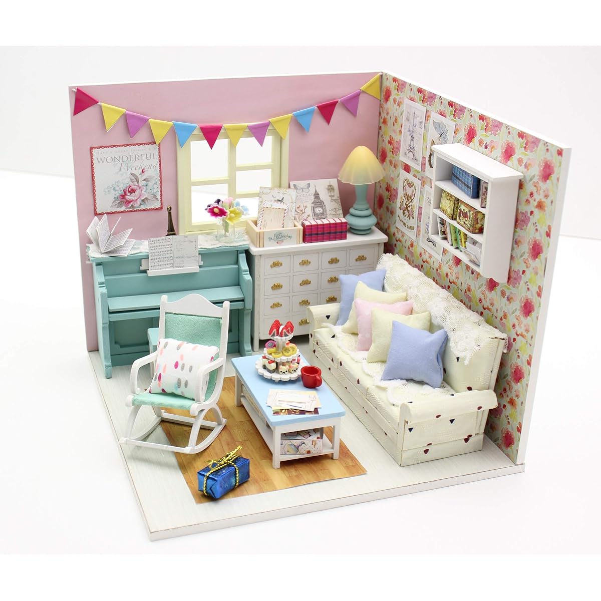 Cool Beans Boutique Miniature Dollhouse DIY Kit - Family Room with Blue Piano - 1:18 Scale Architectural Model Kit (English Manual) 1187001 Family Room with Blue Piano 1187001