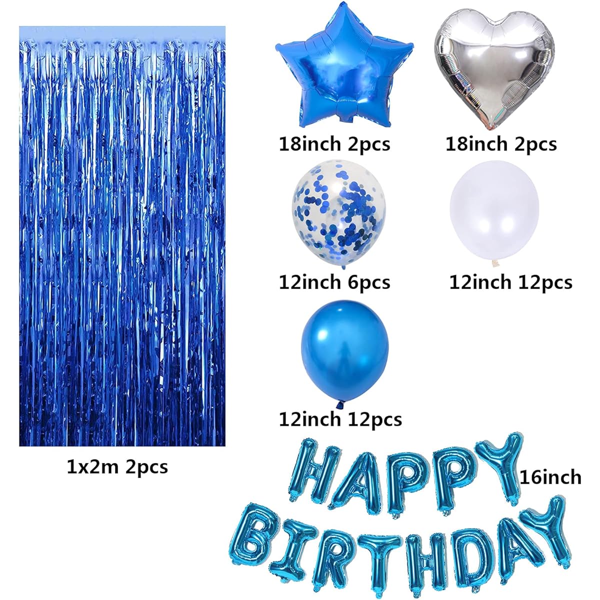 49pcs Blue Birthday Decorations Party Supplies Set, Blue Balloons, Fringed Curtains, 16" Happy Brthday Banner for Birthday Party.