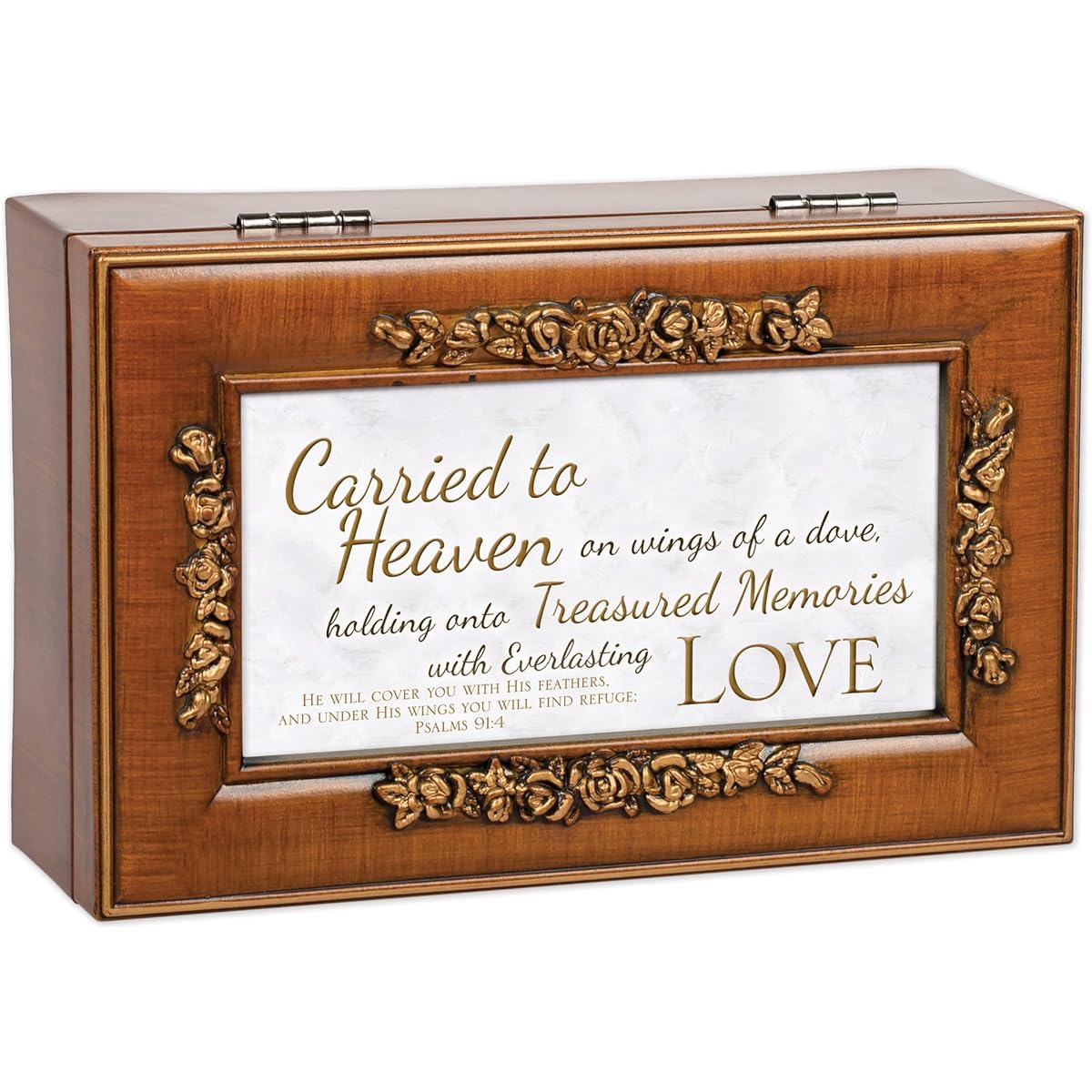Treasured Memories Love Feather Wood Finish Petite Rose Jewelry Music Box Plays Amazing Grace