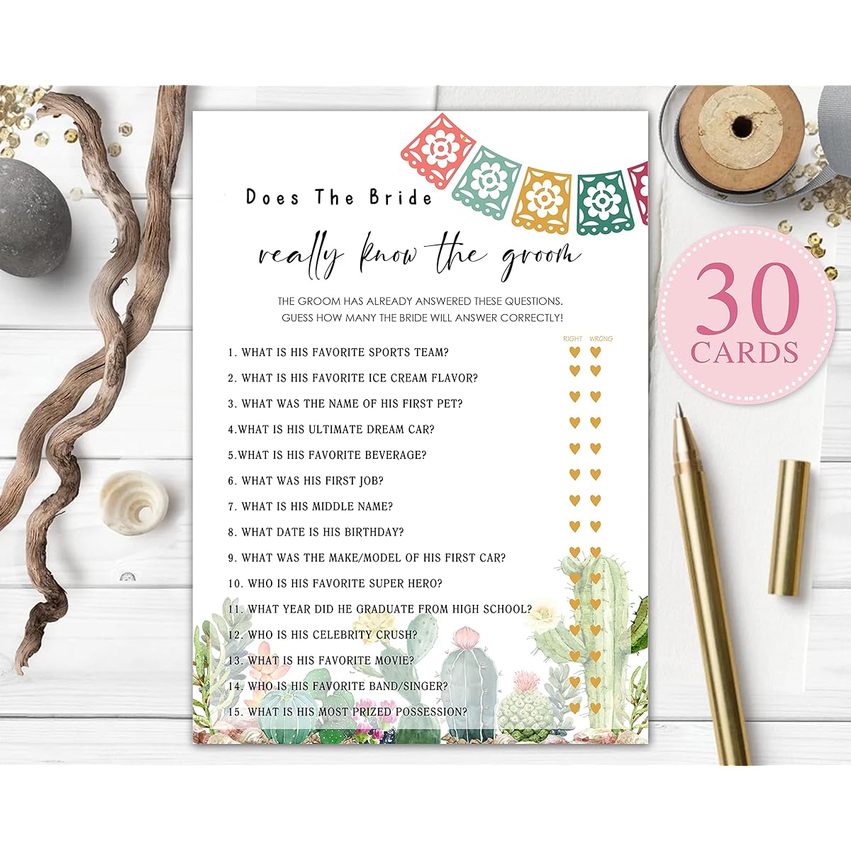 Bridal Shower Game Fiesta Mexican Bridal Shower Decorations Bride Know The Groom Card for Bridal Shower Bachelorette Party Wedding Engagement Party Set of 30 (A05)