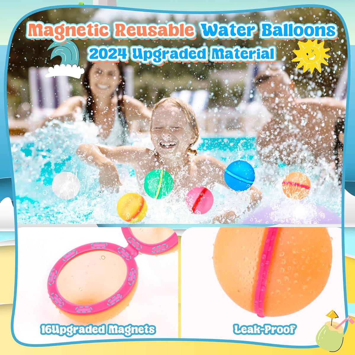 Wowday 30pcs Reusable Water Balloons for Kids Water Balloons Quick Fill Refillable Water Balloons Self Sealing Magnetic Water Bomb Balls Summer Pool Water Toys for Boys Girls