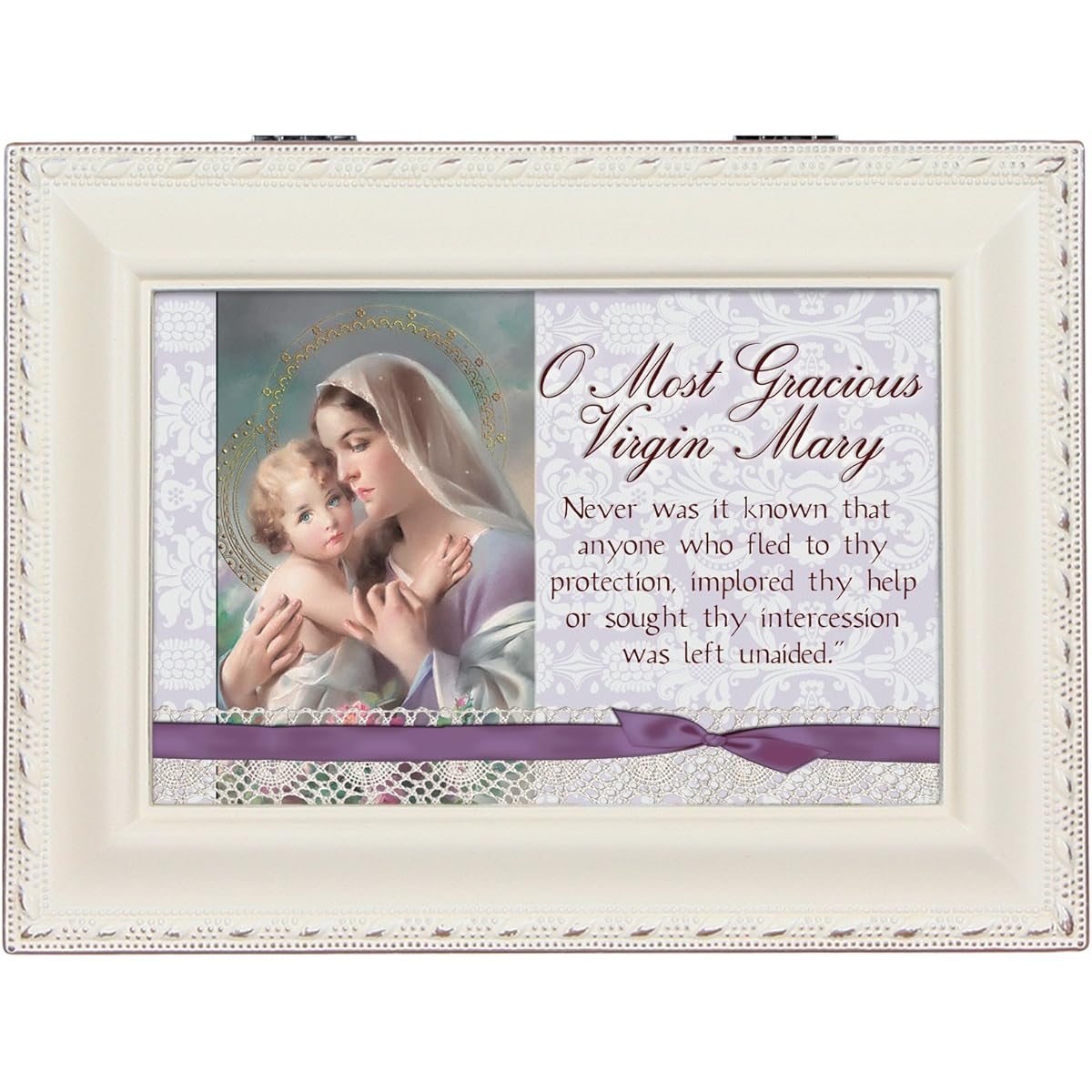 Most Gracious Virgin Mary Ivory Gold Trim Jewelry Music Box Plays Ave Maria