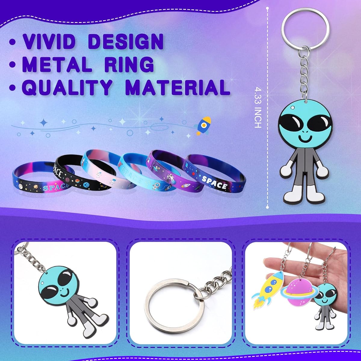 Aoriher Space Party Favors Space Rubber Bracelet Silicone Wristband Space Theme Keychain Space Party Goodie Bag Galaxy Birthday Party Supplies for Boys Girls Classroom Rewards 48 Pieces