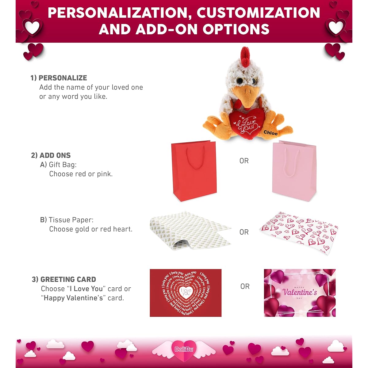 dolibu Rooster Sitting I Love You Valentines Stuffed Animal - Heart Message - 7 Inches - Super Soft Plush - Item # K5193-5998