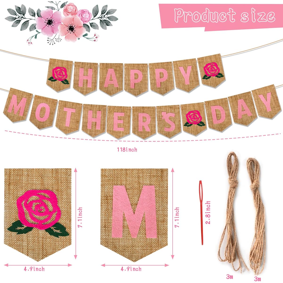 HOWAF Mother's Day Party Decorations Banner Happy Mother's Day Burlap Banner for Mom's Birthday Party Photo Backdrop Props Pink Floral Mother's Day Hanging Banner Party Supplies