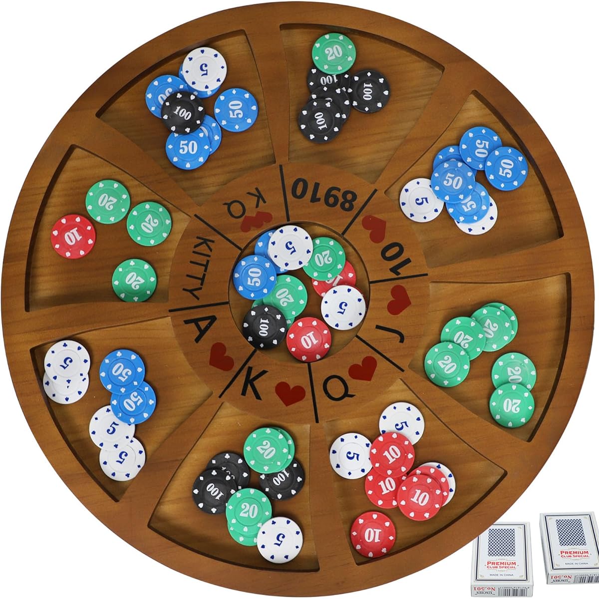 Jyquorp Michigan Rummy Game Deluxe Set - The Perfect Blend of Royal Game of Hearts, Rummy and Poker - Wooden Tripoli Board Game - Vintage Betting Bluff Game - Classic Family Card Game for Adults - 200 Chips