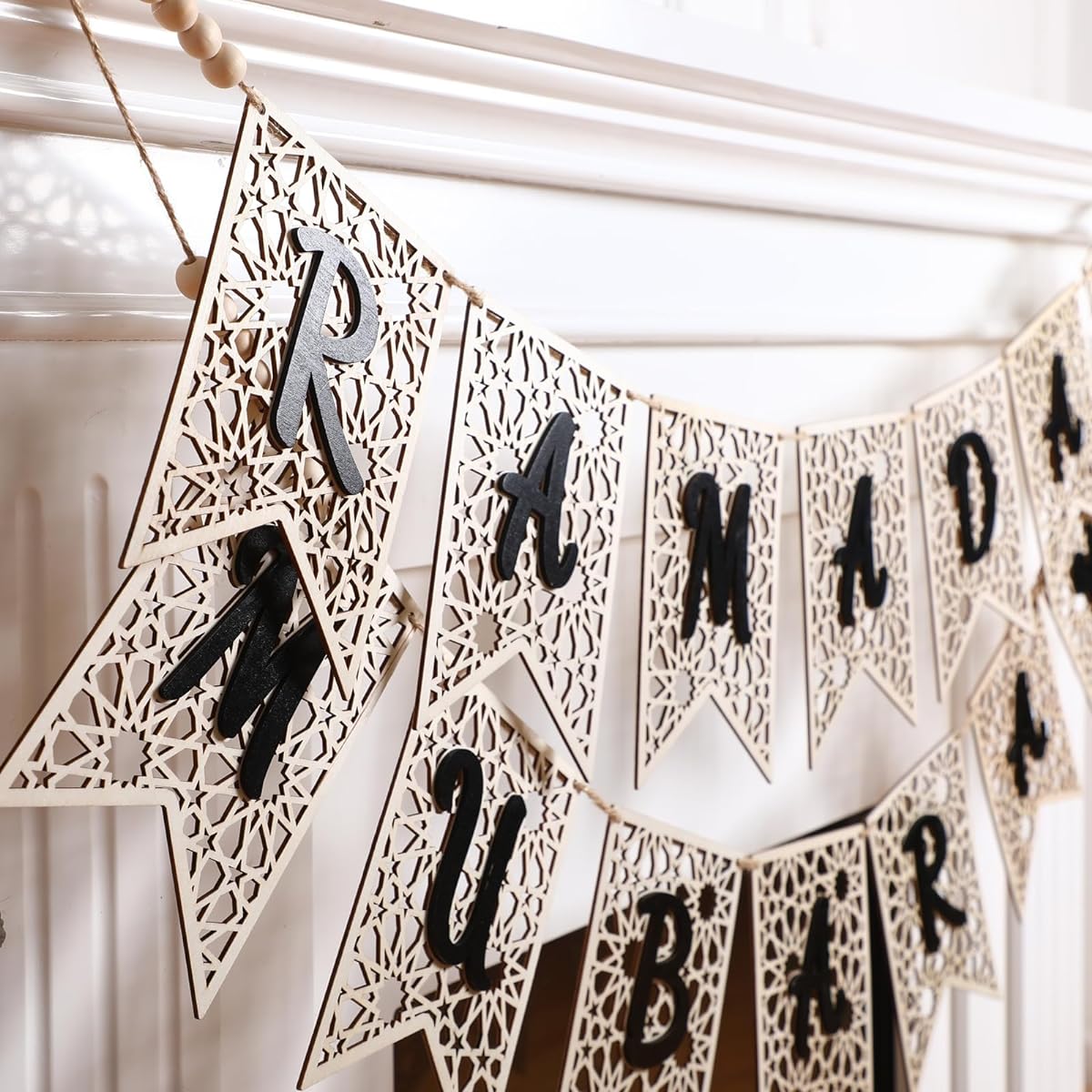 SmoothNovelty Eid Ramadan Mubarak Banner Wooden Ramadan Mubarak Decor Rustic Beads Ramadan Decorations Banner Muslim Party Decoration Supplies Home Fireplace Mantel Indoor Outdoor Decor