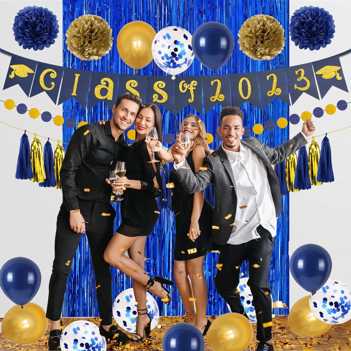 Graduation Party Decorations 2023 Blue and Gold - Class of 2023 Banner, Paper Pom Poms, Congrats Grad, Foil Fringe Curtains, Backdrop, Photo Booth Props, Balloons, Senior Graduation Party Decorations Supplies