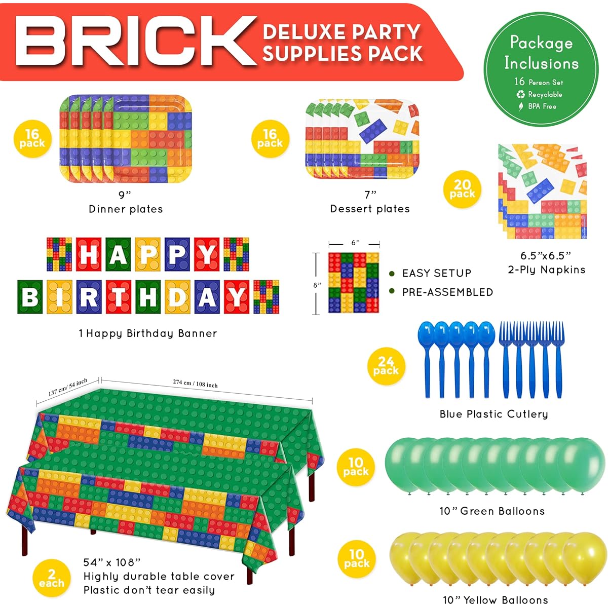 Blue Orchard Bricks Deluxe Party Supplies Pack (127 Pieces for 16 Guests) - Building Blocks Party Supplies Gamer Birthday Decorations Gamer Party Supplies Block Party Decorations Bricks Birthday