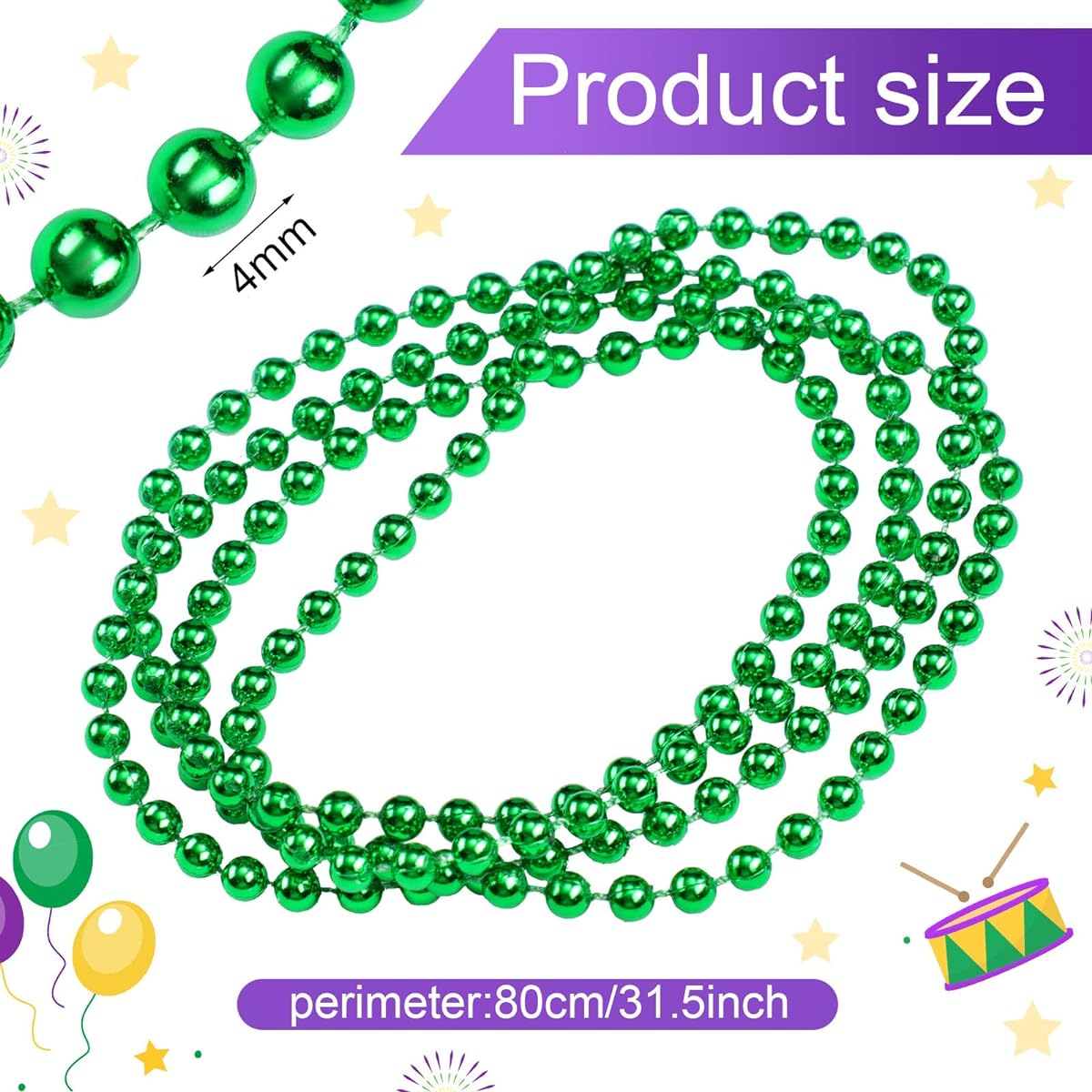 210pcs Mardi Gras Beads Bulk 31.5" 4mm Bead Necklace Multicolor Mardi Gras Beads Necklace Round Costume Necklace Metallic Color Gold Green Purple Party Mardi Gras Accessories