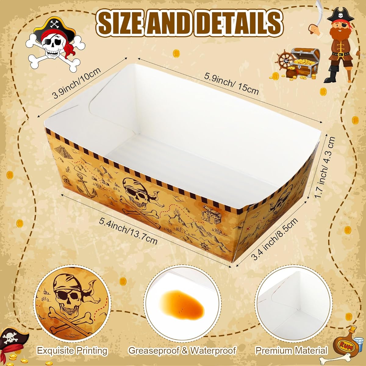 Junkin 50 Pieces Pirate Party Supplies Decorations Pirate Paper Food Trays Nautical Theme Party Favors Disposable Snack Boxes for Boat Halloween Pirate Caribbean Birthday Baby Shower (Brown)