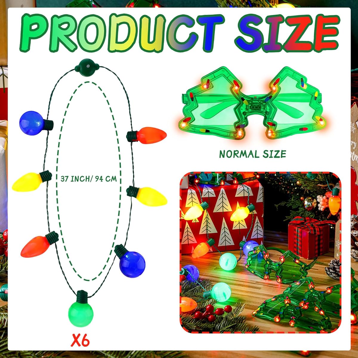 Ceenna Christmas Light Necklace Bright Bulb Necklace and Christmas Tree LED Glasses Set 37inch Christmas Light Up Jewelry LED Necklace Christmas Sunglasses for Kids Adults Christmas Party Favors 12pcs, Please See the Picture