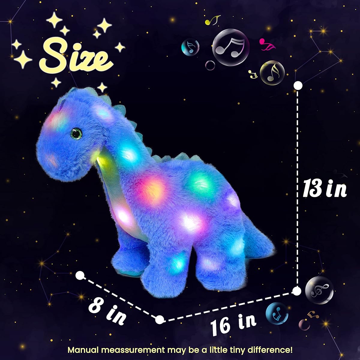 Hopearl LED Musical Plush Toy Dinosaur Light Up Singing Diplodocus Soft Stuffed Animal with Long Neck Adjustable Volume Lullaby Animated Relaxing Gift for Kids Toddlers Blue 16 Inch