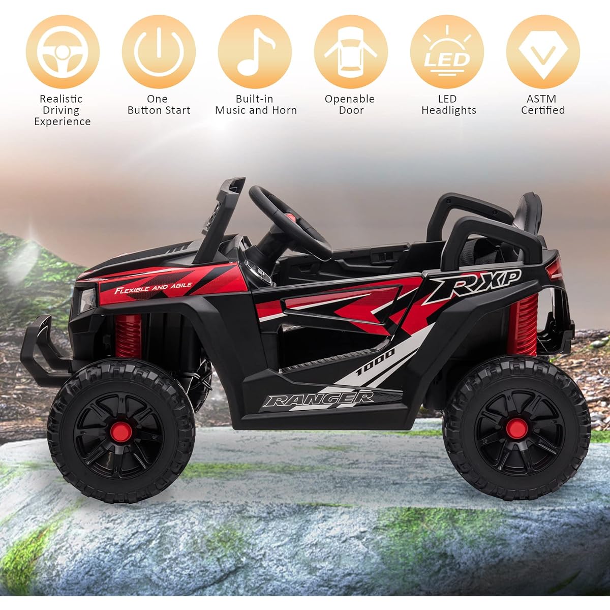 TOBBI 12V Kids Car Electric Off-Road UTV Truck with Forward and Reverse Function, Double Doors, Safety Belt, Horn, Music, Lights, for Kids 3-5 Years (Red)