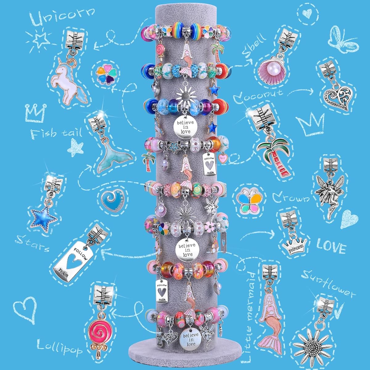 AIPRIDY Charm Bracelet Making Kit Unicorn Mermaid Craft Gift Set, Inspire Imagination and Creativity, Jewelry Making Kit, Great Gift for Girls Ages 5-12 (Mermaid Aqua 72 Pieces)