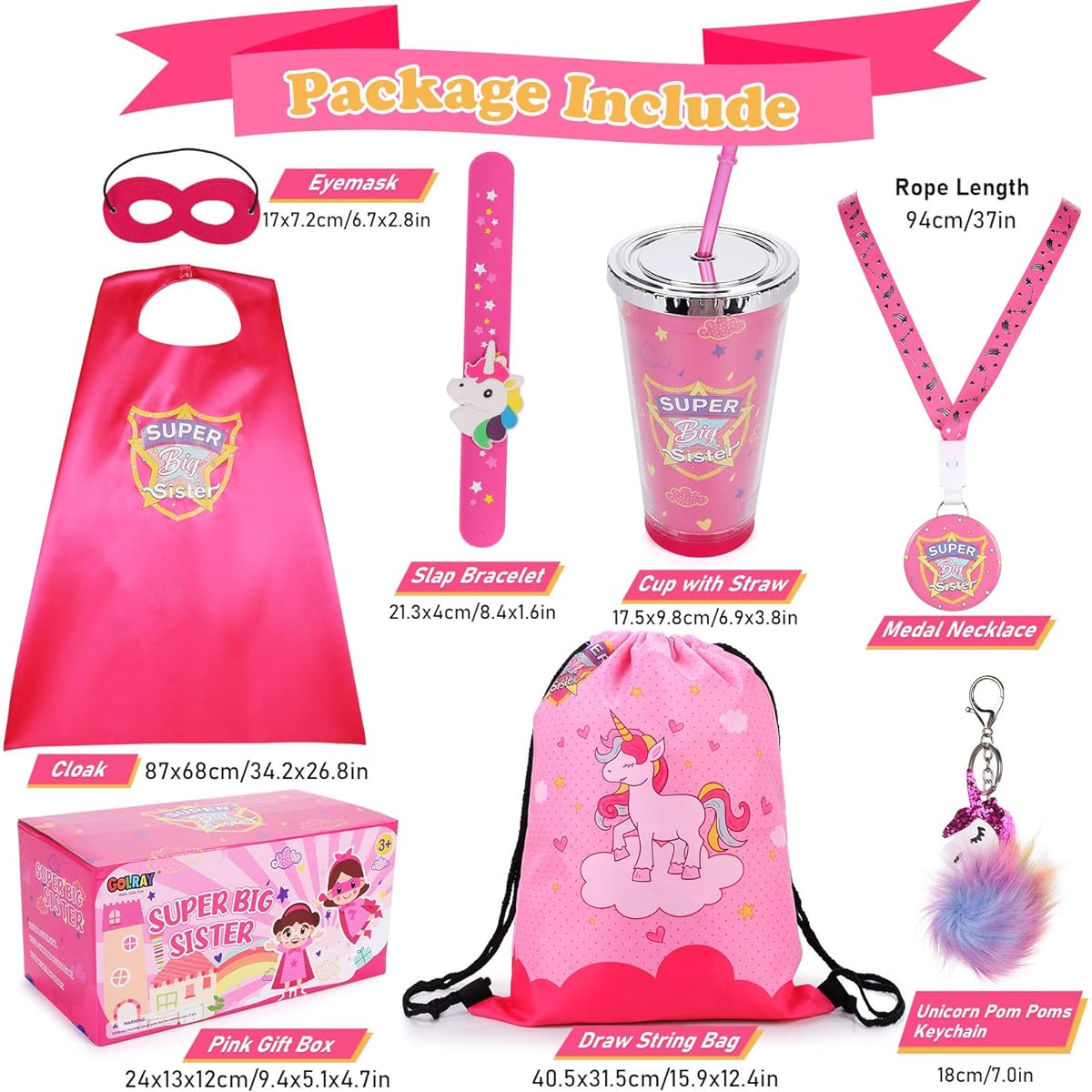 Golray Super Big Sister Gift Set, Superhero Cape Eye Mask Unicorn Slap Bracelet Necklace, Drawstring Backpack, Unicorn Keychain, Insulated Plastic Tumbler Cup, Big Sister Gifts for Little Girls