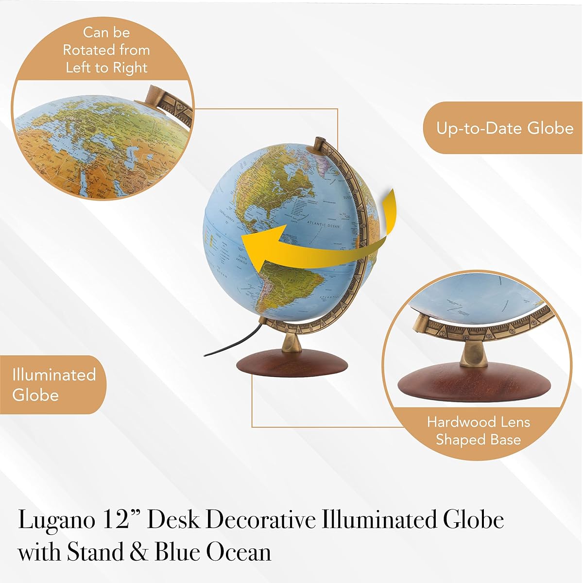 Waypoint Geographic Lugano 12" Globe Metal Numbered Meridian Wood Base Home & Office (Physical Ocean) World, Blue, 2.5 lbs