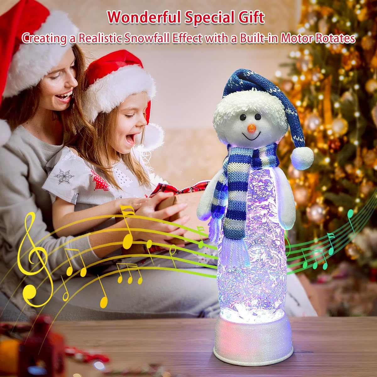 Musical Snowman with Knitted Blue and White Striped Scarf Water Light Lantern 6 Hour Timer USB Battery Powered Snow Globe Home Christmas Decoration