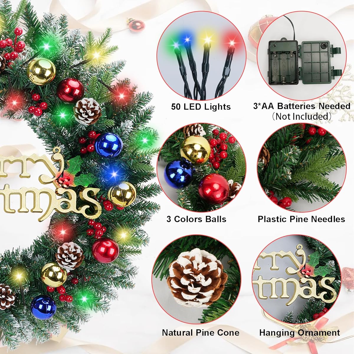 MHMJON 24 Inch Christmas Wreath with 50 LED Lights for Front Door with Pine Cone Berry 8 Modes Battery Operated Wreath for Christmas Home Wall Winder Fireplace Decor